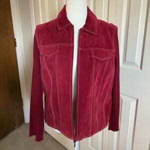 Coldwater Creek Women's Red Leather Jacket Petite P12 Collared Zip Long Sleeve